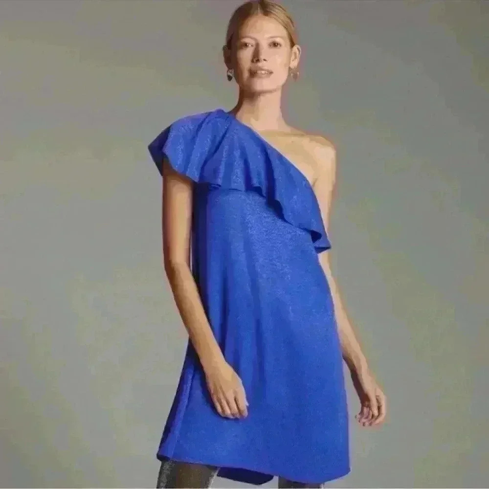 NWOT Anthropology Blue One Shoulder Dramatic Ruffled Blouse Tank Size 10